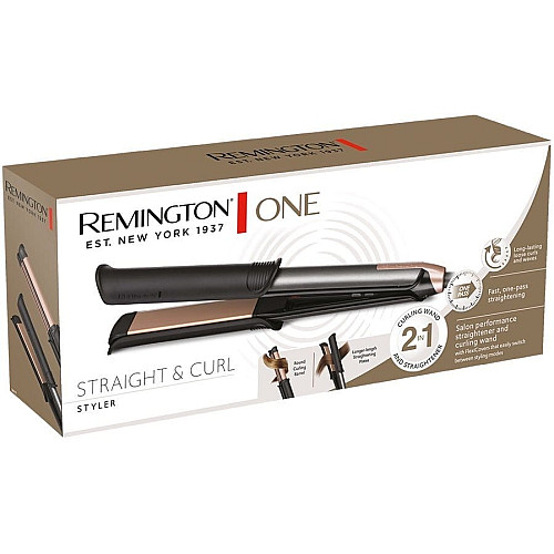 Выпрямитель 2в1 Remington One Straight&Curl, 2в1 выпрямитель и плойка, темп.режим-5, 150-230С, кейс и перчатка в комплекте, керамика, черный