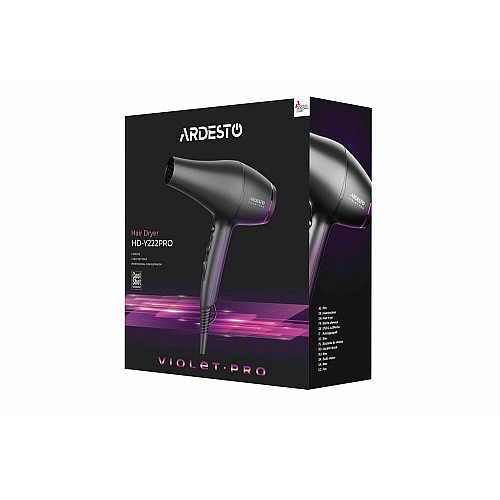 Фен ARDESTO Violet PRO HD-Y222PRO, 1850-2200Вт, 2 скорости, 3 темп. режима, диффузор, черный