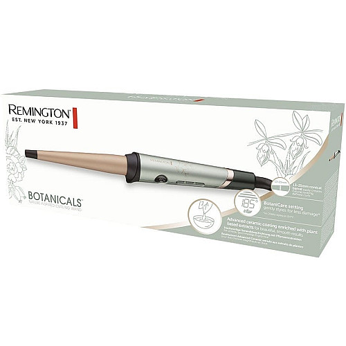 Плойка Remington Botanicals, конусная, 43Вт, темп. режимов-10, D-13-25mm, 130-210С, ионизация, керамика, серо-зеленый