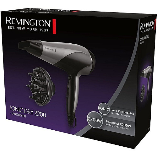 Фен Remington Ionic Dry, 2200Вт, 3 режима, диффузор, турмалиновая иониз-я, холл. обдув, серо-черный