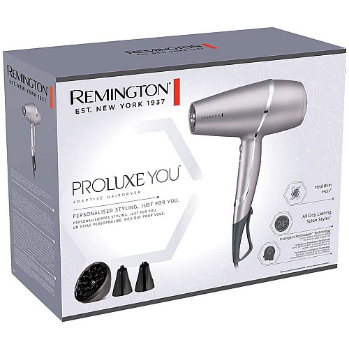 Фен Remington ProLuxe You Adaptive, 2400Вт, 3 режима, диффузор, иониз-я, холл. обдув, турбо режим, серый