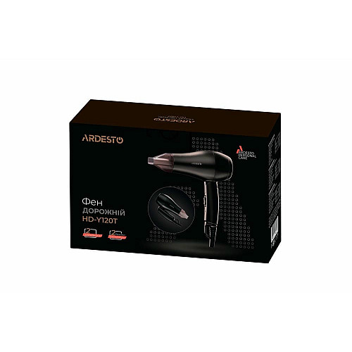Фен ARDESTO HD-Y120T, дорожній, 1200Вт, складна ручка, 2 швидкості, 2 темп. режими, чорний