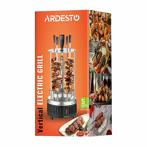 Электрошашлычница ARDESTO 900 Вт, 5 шампуров, вращение 360°, U-образные нагреватели, алюмин. кожух, нерж