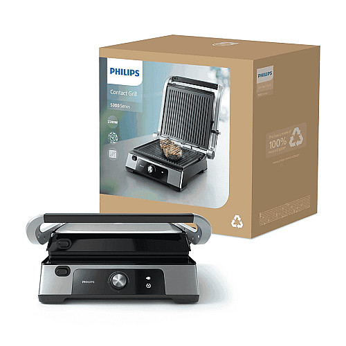Гриль Philips прижимной Series 5000, 2200Вт, съемные пластины, раскрытие на 180°, металл