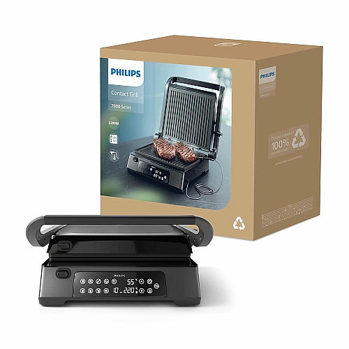 Гриль Philips прижимний Series 7000, 2200Вт, з`ємні пластини,термощуп, розкриття на 180°, метал, чорний