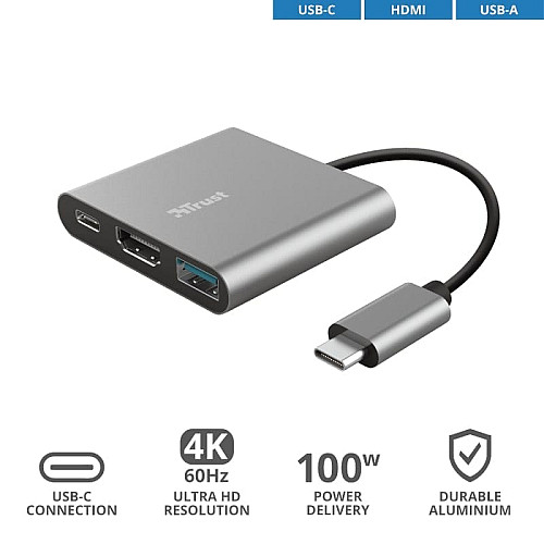 Хаб Trust Dalyx 3-in-1 USB-С > USB-А 3.2/USB-С/HDMI, Алюминий, 0.1м, черный