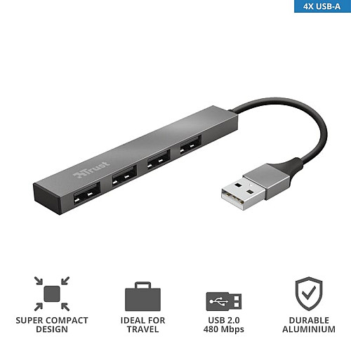 Хаб Trust Halyx USB-A > 4xUSB-А, Алюміній, 0.1м, Сірий