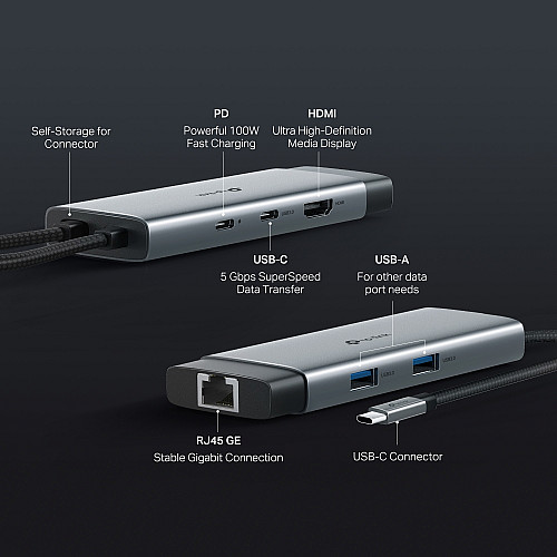 Хаб USB TP-LINK UH6120C USB-A > 2xUSB3.0/1xUSB-C/1xHDMI/1xRJ-45/1xPD 100Wh