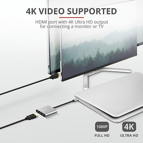 Хаб Trust Dalyx 3-in-1 USB-С > USB-А 3.2/USB-С/HDMI, Алюминий, 0.1м, черный