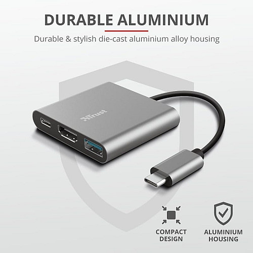 Хаб Trust Dalyx 3-in-1 USB-С > USB-А 3.2/USB-С/HDMI, Алюминий, 0.1м, черный