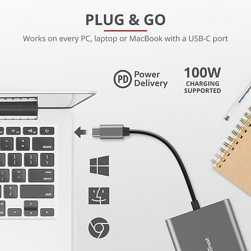 Хаб Trust Dalyx 3-in-1 USB-С > USB-А 3.2/USB-С/HDMI, Алюминий, 0.1м, черный