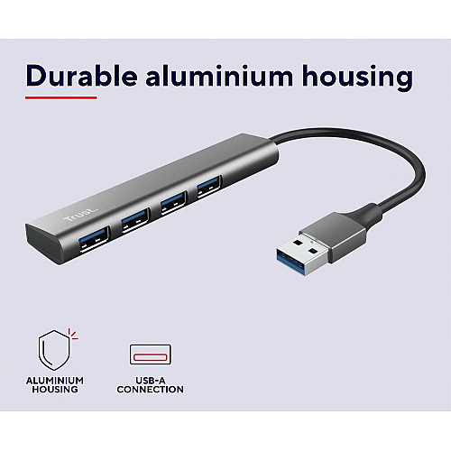 Хаб Trust Halyx USB-A > 4xUSB-А 3.2, Алюминий, 0.1м, Серый