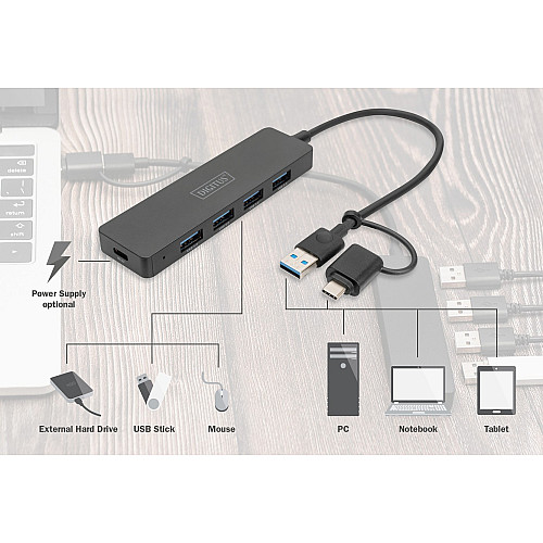 Хаб DIGITUS USB-A/C > 4хUSB-А, 0,2 м, активний (опція)