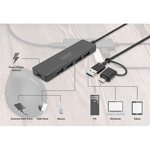Хаб DIGITUS USB-A/C > 4хUSB-А, 1,2 м, активний (опція)