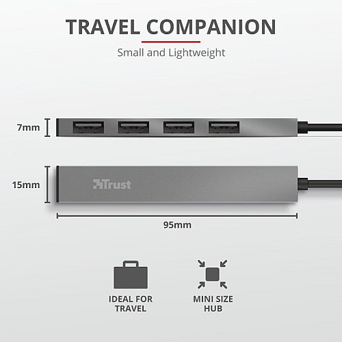 Хаб Trust Halyx USB-A > 4xUSB-А, Алюміній, 0.1м, Сірий