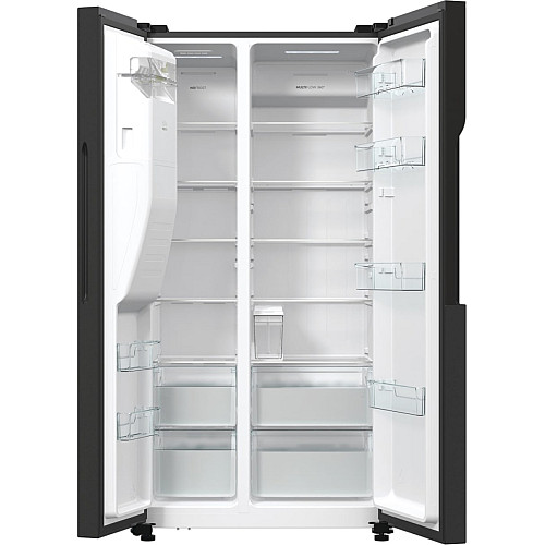 Холодильник SBS Gorenje, 179х70х92см, 2 двері, 376(190)л, А++, NF+, Інв., Зона св-ті, диспенсер, генератор льоду, Зовн. Диспл, чорний