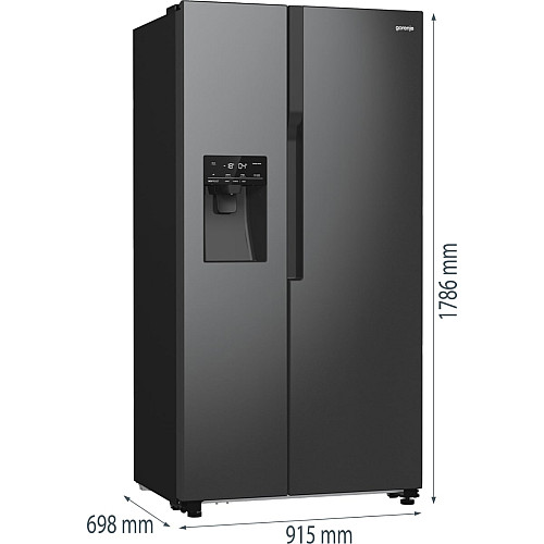 Холодильник SBS Gorenje, 179х70х92см, 2 двері, 376(190)л, А++, NF+, Інв., Зона св-ті, диспенсер, генератор льоду, Зовн. Диспл, чорний