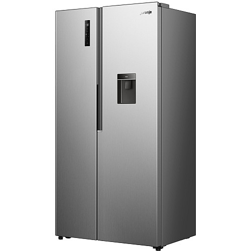 Холодильник SBS Gorenje, 179х62х91см, 2 двері, 344(197)л, А+, NF+, Інв., Зона св-ті, диспенсер, Зовн. Диспл, нерж