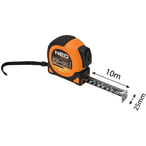 Рулетка Neo Tools Super Black, 10мx25мм, с фиксатором сматывания, магнит