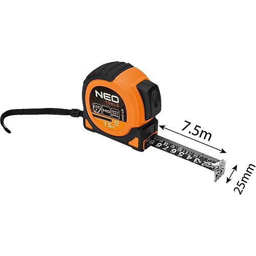 Рулетка Neo Tools Super Black, 7.5мx25мм, с фиксатором сматывания, магнит