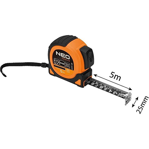 Рулетка Neo Tools Super Black, 5мx25мм, с фиксатором сматывания, магнит