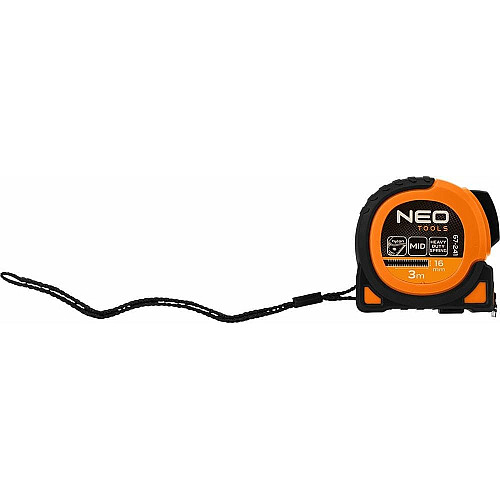 Рулетка Neo Tools Super Black, 3мx16мм, с фиксатором сматывания, магнит