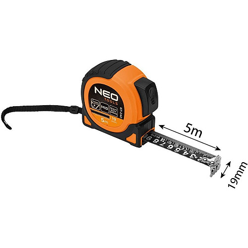 Рулетка Neo Tools Super Black, 5мx19мм, с фиксатором сматывания, магнит