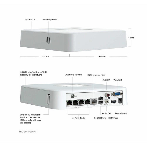 IP-Відеореєстратор TP-LINK VIGI NVR1104H-4P, 4 канали Poe, 2xUSB, H265+, 1xHDD, до 16 ТБ, білий