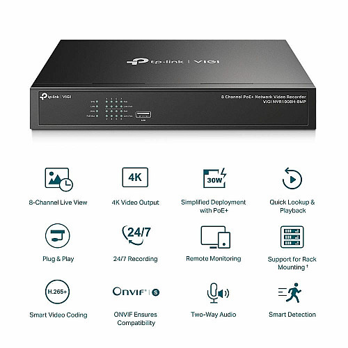 IP-Відеореєстратор TP-LINK VIGI NVR1008H-8MP, 8 каналів Poe, 2xUSB, H265+, 1xHDD, до 16 ТБ, чорний