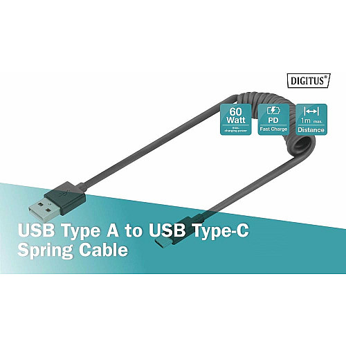 Кабель DIGITUS USB-C > USB-A зарядка/синхронизация, Type-C, спиральный, 1м, черный