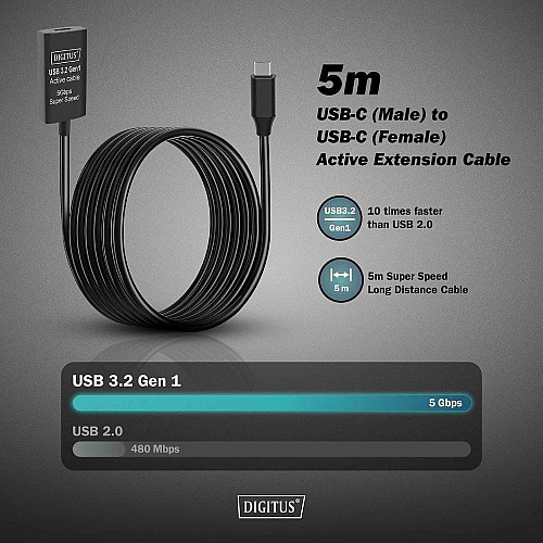 Подовжувач DIGITUS USB 3.2 Gen1 Active Cable 5G, C/M-C/F, 5м, чорний