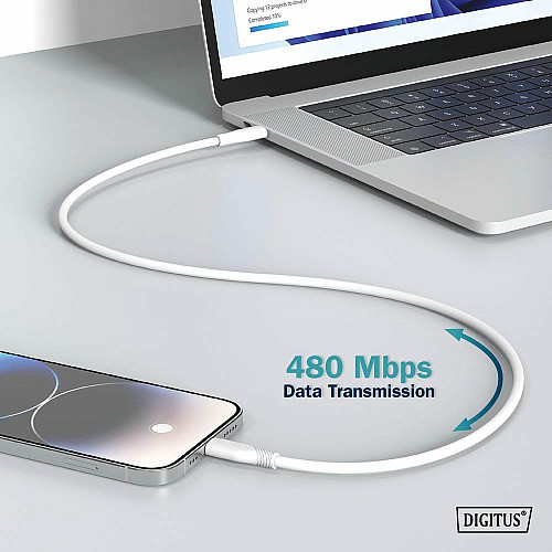 Кабель DIGITUS USB-A > Lightning зарядка/синхронизация, USB 2.0, 12W, силиконовый, 2м, белый