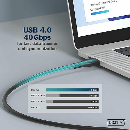 Кабель DIGITUS USB-C зарядка/синхронизации, USB 4.0 Gen 3, 40G, 240W, 8K, силиконовый, 1м, черный