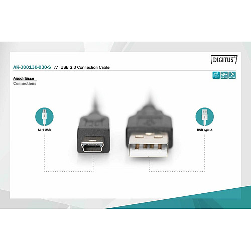Кабель DIGITUS USB-A > USB-mini B синхронізації, 3.0 m, чорний