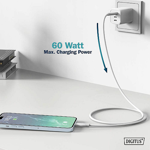 Кабель DIGITUS USB-A > USB-C зарядка/синхронизация, USB 2.0, 60W, силиконовый, 1м, белый