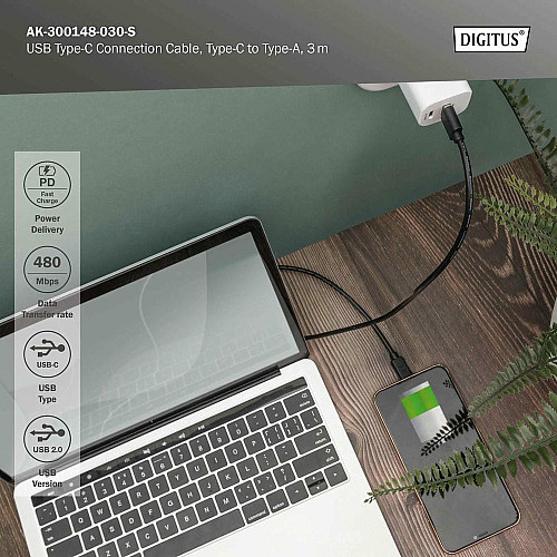 Кабель DIGITUS USB-A > USB-C заряджання/синхронізації, USB 2.0, M/M, 3м, чорний