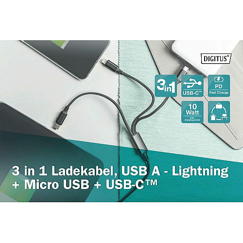 Кабель DIGITUS USB-A > Lightning/USB-С/micro USB, мультизарядный 3-в-1, зарядка/синхронизация 1м, черный
