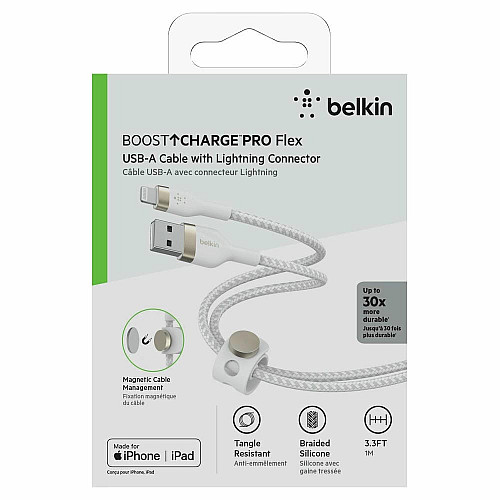 Кабель USB-A > Lightning подзарядка/синхронизация Belkin 1м, плетеный, силиконовый, с ремешком на магните, белый