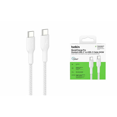 Кабель USB-C > USB-C зарядка/синхронизация Belkin 1м, 240Вт, Type-C, плетеный, белый