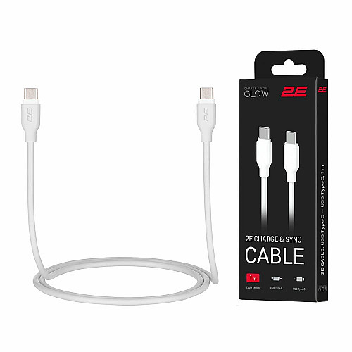 Кабель USB-C > USB-C заряджання/синхронізації 2E 1м, 60Вт Type-C, Glow, білий