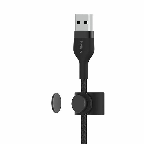Кабель USB-A > Lightning подзарядка/синхронизация Belkin 1м, плетеный, силиконовый, с ремешком на магните, черный