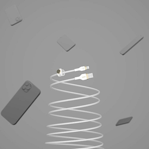 Кабель USB-A > Lightning подзарядка/синхронизация Belkin 1м, плетеный, силиконовый, с ремешком на магните, белый