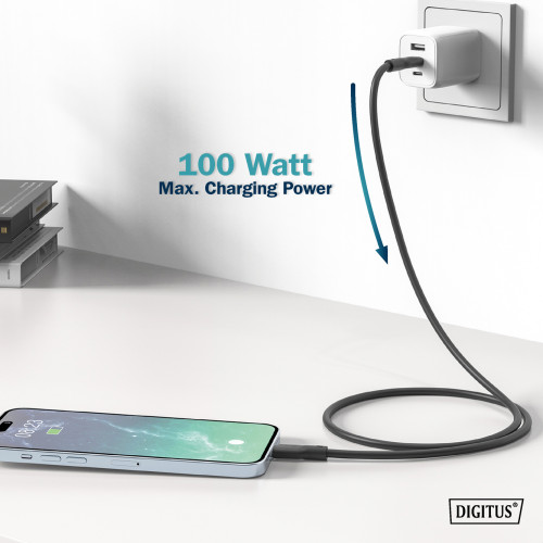 Кабель DIGITUS USB-C заряджання/синхронізації, USB 3.2 Gen 2, 10G, 100W, 4K, силіконовий, 1м, чорний
