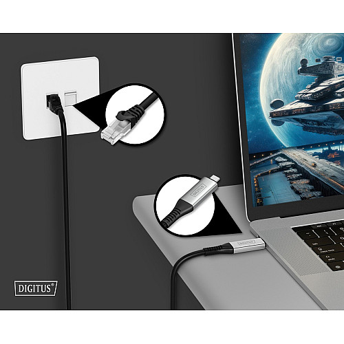 Кабель DIGITUS Ethernet USB-C - RJ45 CAT 6A S/FTP, 1 Gbit/s, 2m, LSZH