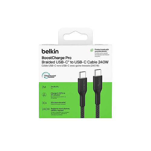 Кабель USB-C > USB-C зарядка/синхронизация Belkin 2м, 240Вт, Type-C, плетеный, черный