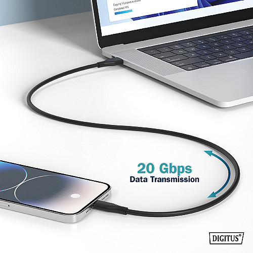 Кабель DIGITUS USB-C заряджання/синхронізації, USB 4.0 Gen 2, 20G, 240W, 8K, силіконовий, 2м, чорний