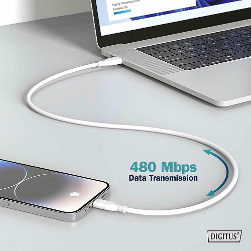 Кабель DIGITUS USB-C > USB-C зарядка/синхронизация, USB 2.0, 60W, силиконовый, 1м, белый