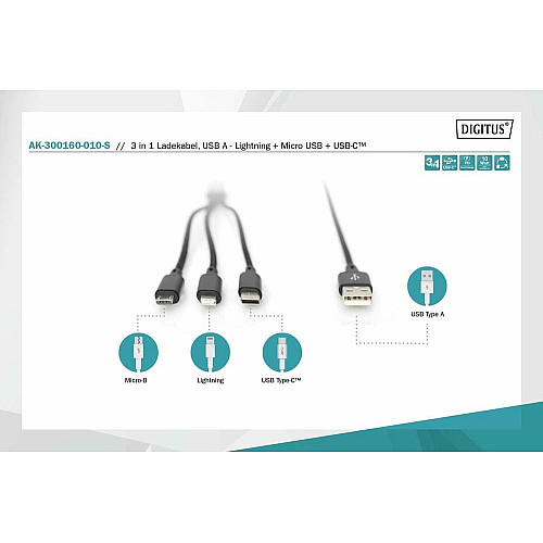 Кабель DIGITUS USB-A > Lightning/USB-С/micro USB, мультизарядный 3-в-1, зарядка/синхронизация 1м, черный