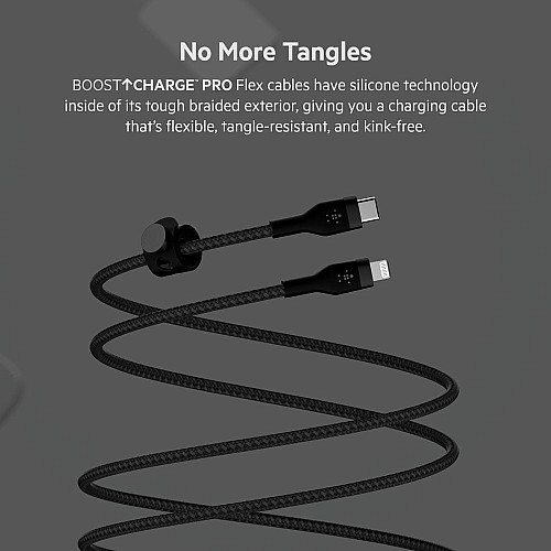 Кабель USB-C > Lightning зарядка/синхронизация Belkin 1м, Type-C, плетеный, силиконовый, с ремешком на магните, черный