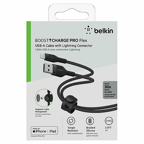 Кабель USB-A > Lightning подзарядка/синхронизация Belkin 1м, плетеный, силиконовый, с ремешком на магните, черный